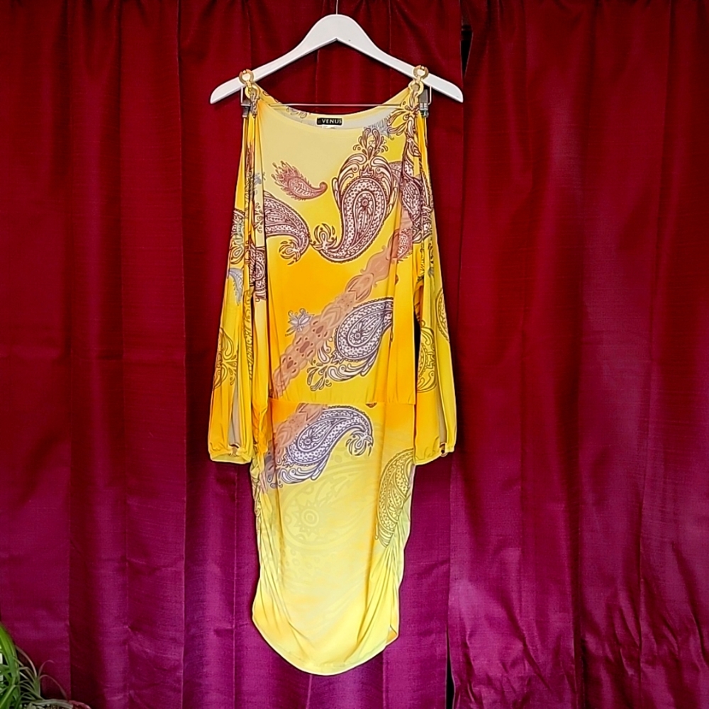 Venus Yellow Paisley Cold Shoulder Dress Size L